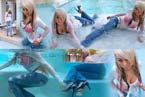 nice girl swims in pool fully dresses with jeans and shirt