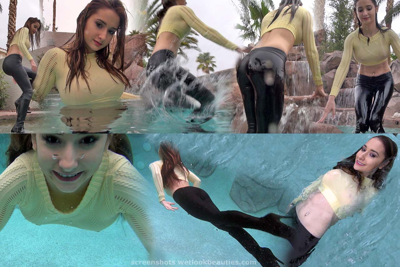 Wet Leggings 2 - 11:00min - Wetlook in the Pool Dayani wears a black shiny  leggings, black boots and a short, but long-sleeved yellow top which  compliments her toned figure perfectly! Dayani