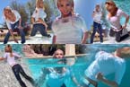 blonde woman with jeans and high-heels swims and dives in water