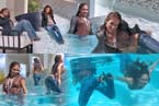 with jeans and leather jacket swimming and diving in the pool